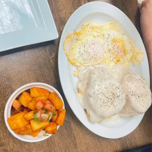 Biscuits and Gravy with a side of potatoes