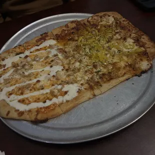 Half buff Buffalo Chicken Pizza half Chicken Thai Pizza