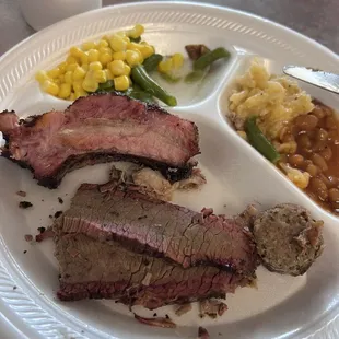 Rib, brisket, sausage, cheesy mash, green, beans