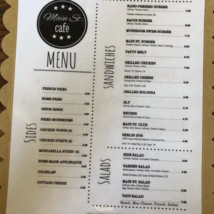 the menu for the main street cafe