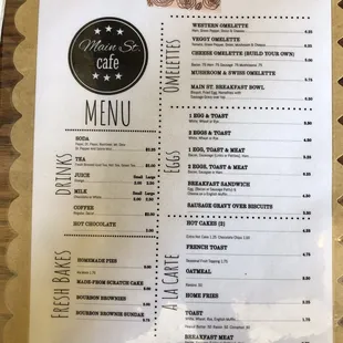 menu for the main street cafe