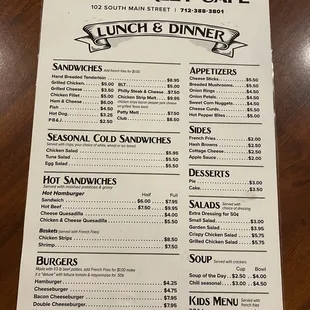 menu for lunch and dinner