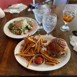Mushroom Swiss Burger w/ Fries, Strawberry Spinach Salad (sub pecans w/chicken)