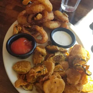 2 appetizers: fried pickles &amp; onion rings
