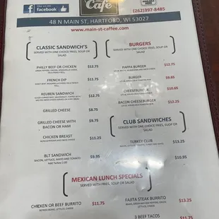 the menu for the restaurant