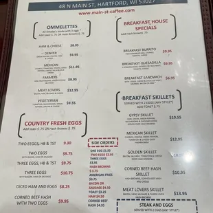 a menu for breakfast