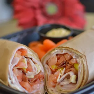 Turkey club wrap with carrots &amp; hummus