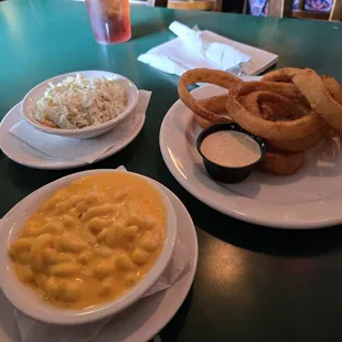 Loved the apps! Coleslaw, onion rings were hot and crispy, and very creamy mac and cheese.
