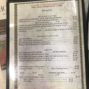 Main Street cafe menu