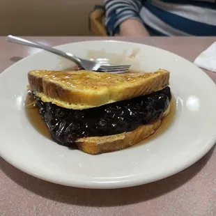 French Toast with blueberry pie filling. Lots of filling!