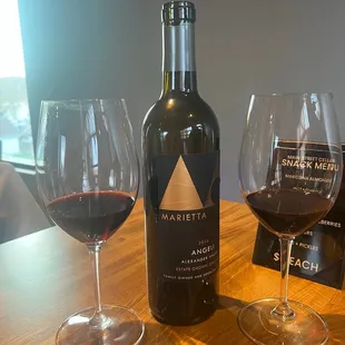 two wine glasses and a bottle of wine