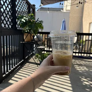 Iced pumpkin pie and cinnamon latte on the back patio!