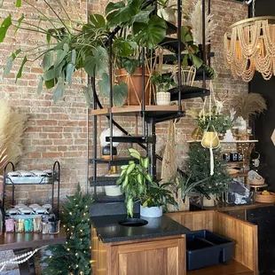 a brick wall with a spiral staircase