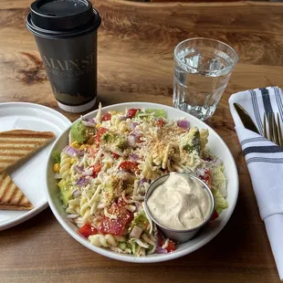 Southwest salad, Blueberry crumble coffee, lemon water, Sourdough toast