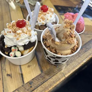 Caramel Sundaes with select toppings; peanut butter soft serve with select toppings.