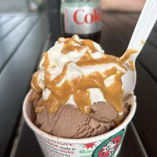 This is chocolate ice cream with whip cream and peanut butter sauce. 1 scoop  oh and the Diet Coke bottle in the background.