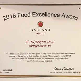 2016 Food Excellence Award! From the City of Garland Health Department.