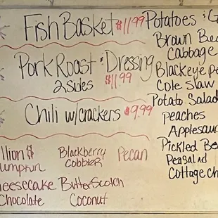a menu on a whiteboard
