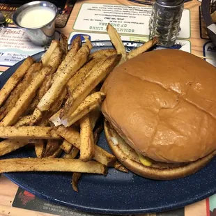 Hand cut fries and old fashioned burger with grilled onions