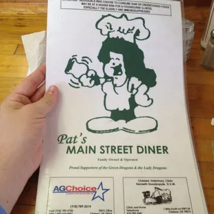 A picture of the front of the menu.