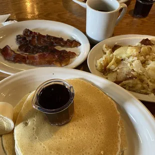 Pancakes, fluffy, hearty &amp; filling! Home fries were orgasmic! Bacon? Trash.