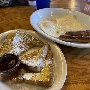 French toast, eggs, and sausage
