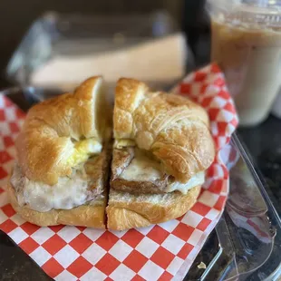 Sausage and egg with provolone and pepper jack cheese on a super fluffy croissant.