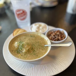 Chicken &amp; dumplings, black eyed peas, and frozen fruit salad.