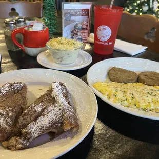 Gotta try! French toast, scrambled eggs/sausage and Gouda/Bacon Grits