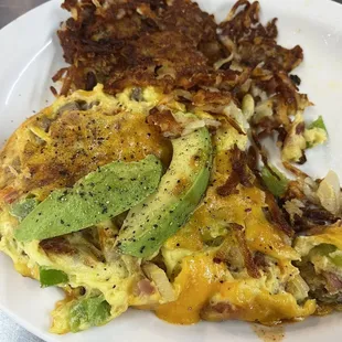 House Omelette with added Avocado and Extra Crispy Hash Browns