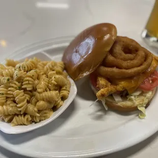 BBQ Chicken sandwich with macaroni and cheese side