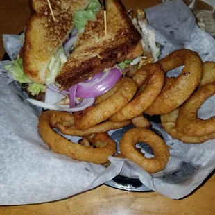 Mac &amp; Cheese burger with onion rings.  I have to say the beef was good quality and everything was perfect and fresh.