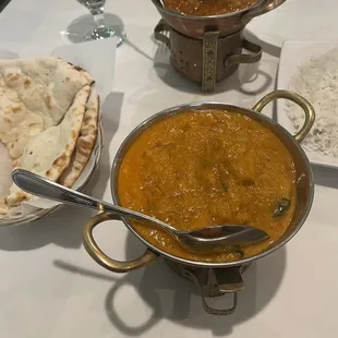 Chicken Madras, basmati rice and naan