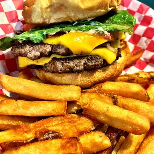 Double Burger with Bacon, Lettuce and tomato. Good burger, good fries! Give it a try!