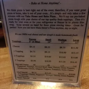 Pizza menu but they have lots of sandwiches, soups and salads