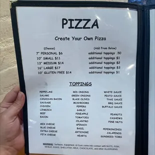 Create your own pizza menu
