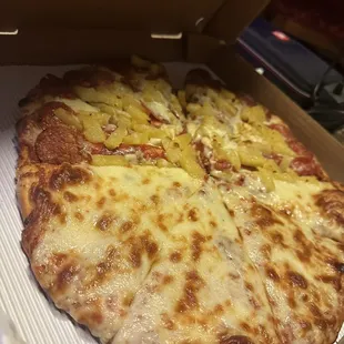 half cheese, half pineapple and pepperoni