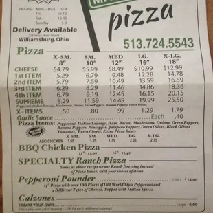 Front side of the menu
