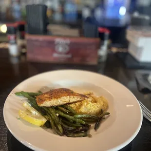Black salmon with cheese grits and grilled beans (I did take a couple bites before I snapped the pic)