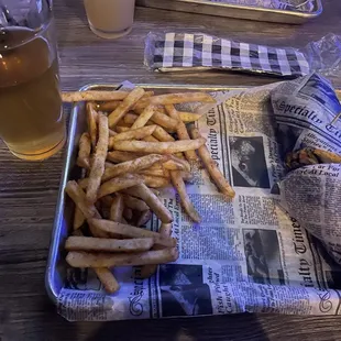 Hoppin&apos; frog shandy, fries, and May&apos;s special, the Cajun chicken wrap