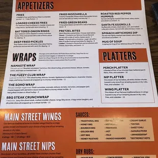 menu for main street wings