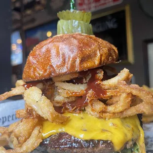 a burger and onion rings