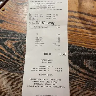 Receipt showing happy hour times that are incorrect