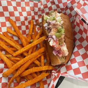 a lobster sandwich and sweet potato fries