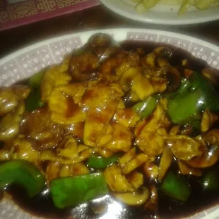 Three Kung Pao - chicken, shrimp and beef - delicious!