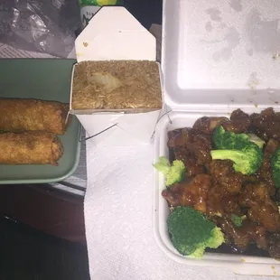 General Tso Chicken, steak egg rolls and fried rice