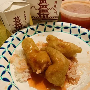 Sweet and Sour Shrimp with white rice.