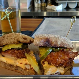 Fried chicken sandwich and Kolsch