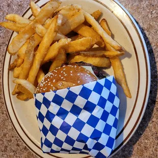 a hamburger and french fries