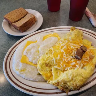 an omelet, eggs, and toast